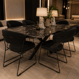 Set Masa Dining din Piatra Naturala si 6 Scaune Personalizate cu Picioare Negre, Black Marble 180x90x75cm