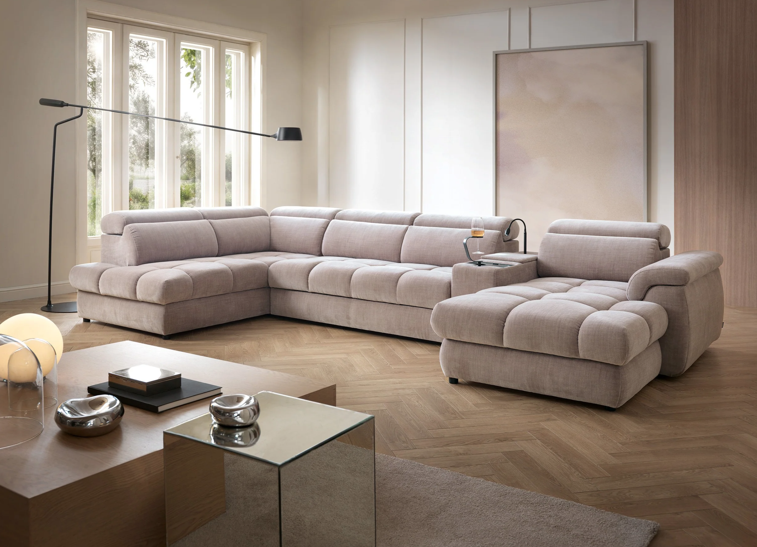 Colțar Modular Vento, 398 cm, Funcție Pat 210 x 130 cm, Tetiere Reglabile, Spațiu Depozitare, Design Premium