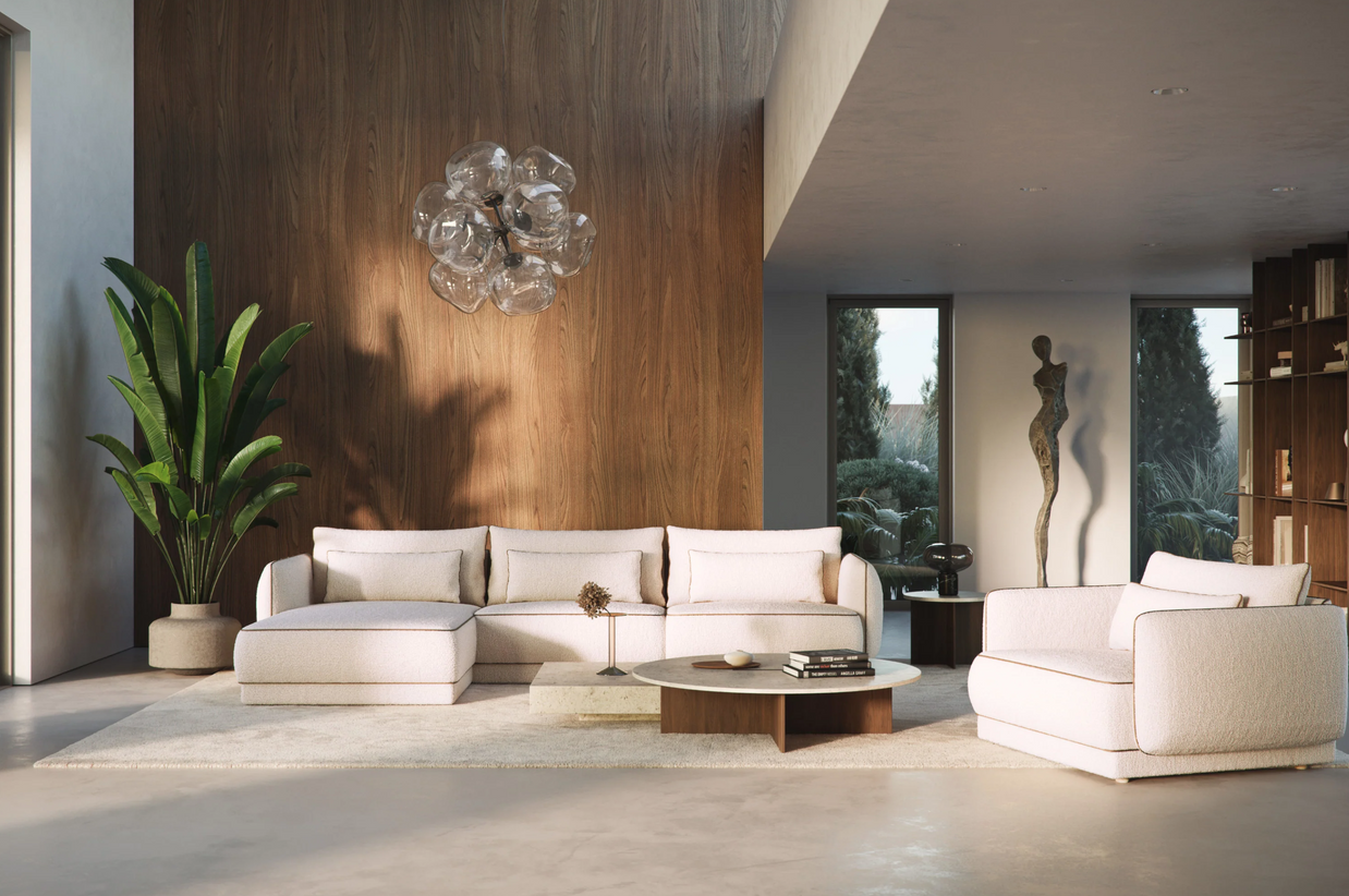 Colțar Modular Yvette, 340 cm, Perne cu Puf Natural, Spumă HR Premium, Design Luxury Contemporan