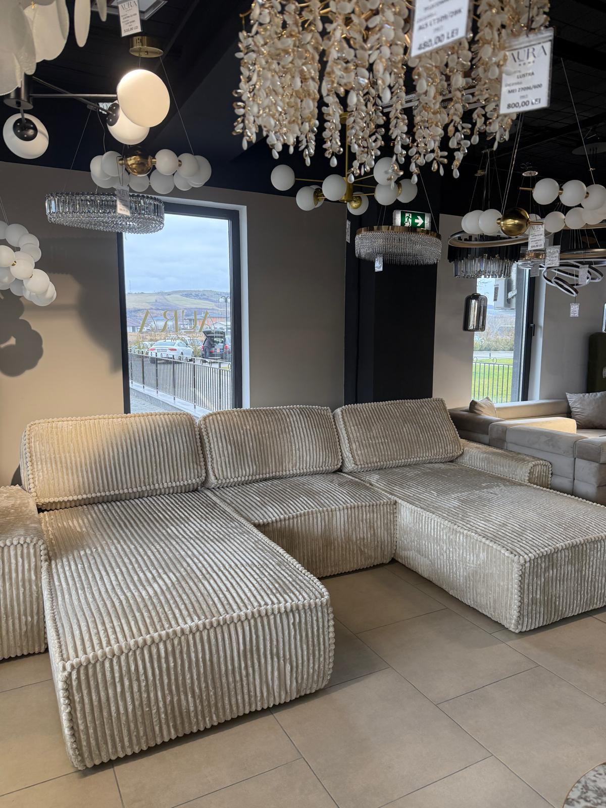 Canapea Modulară Riva, 353 x 193 x 96cm , Taburet Inclus, Configurare Modulară, Suprafață Mare de Dormit, Design Premium