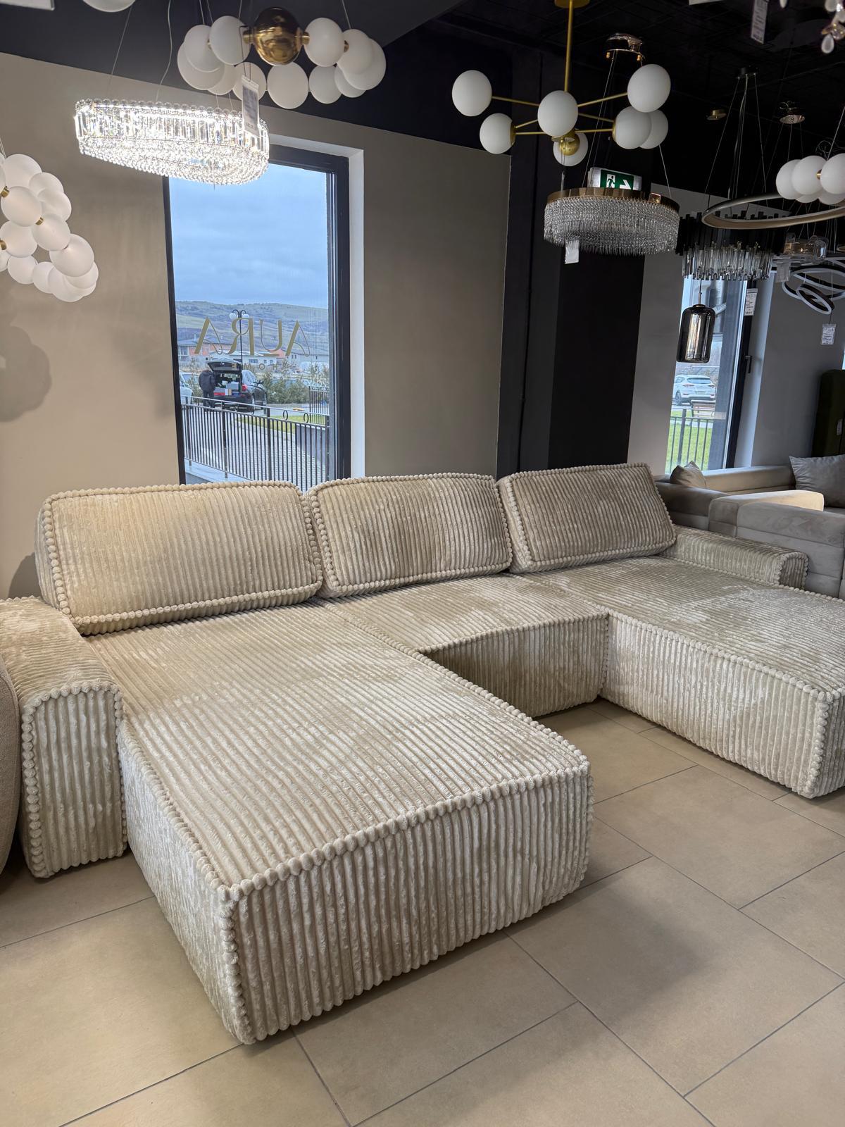 Canapea Modulară Riva, 353 x 193 x 96cm , Taburet Inclus, Configurare Modulară, Suprafață Mare de Dormit, Design Premium