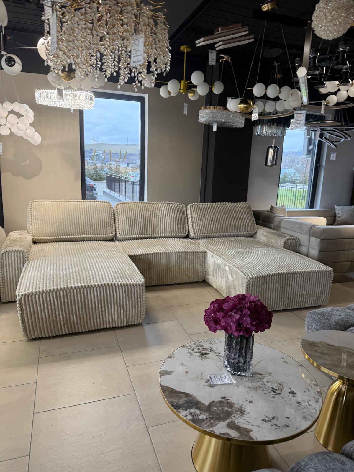 Canapea Modulară Riva, 353 x 193 x 96cm , Taburet Inclus, Configurare Modulară, Suprafață Mare de Dormit, Design Premium