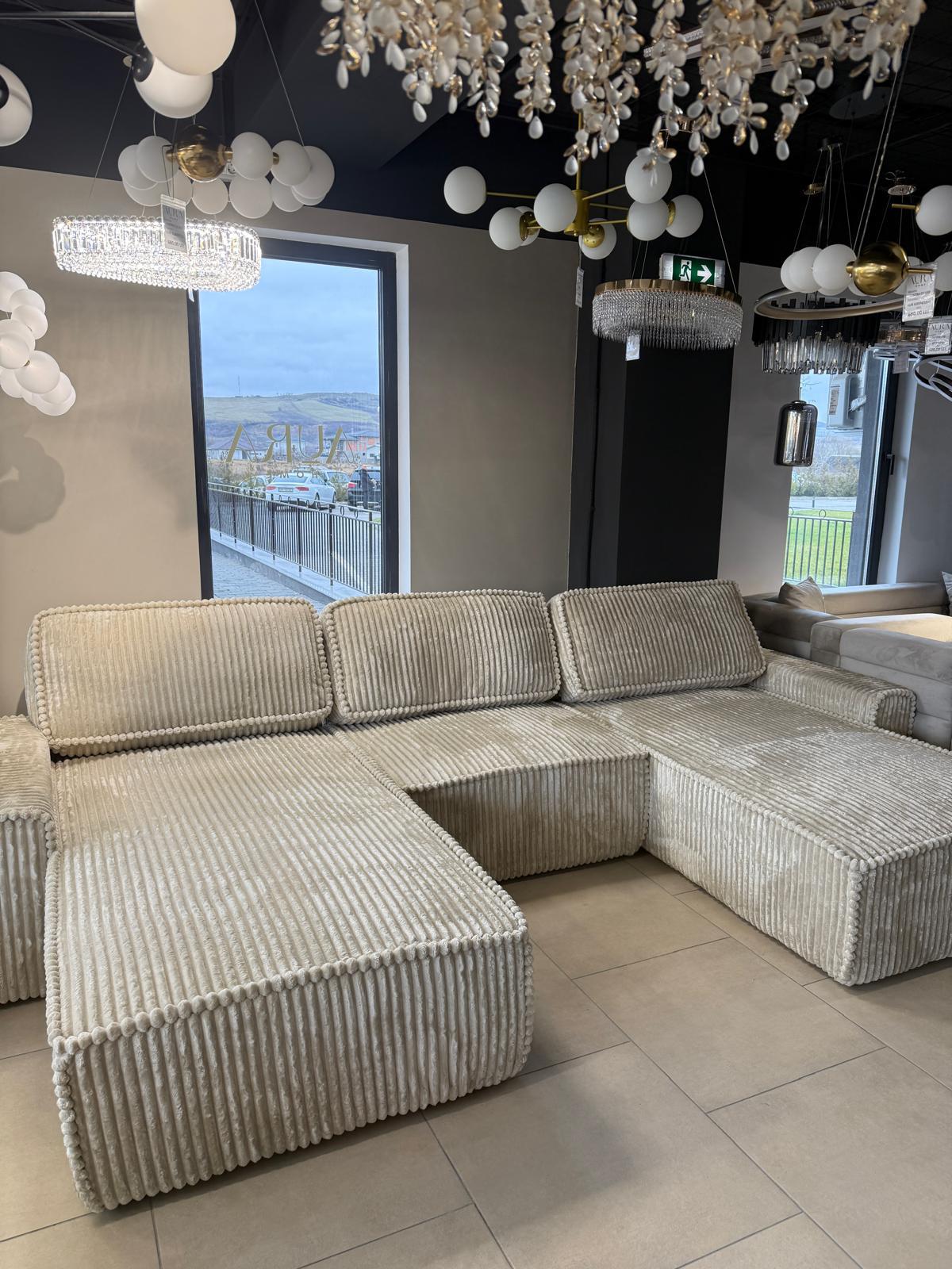 Canapea Modulară Riva, 353 x 193 x 96cm , Taburet Inclus, Configurare Modulară, Suprafață Mare de Dormit, Design Premium