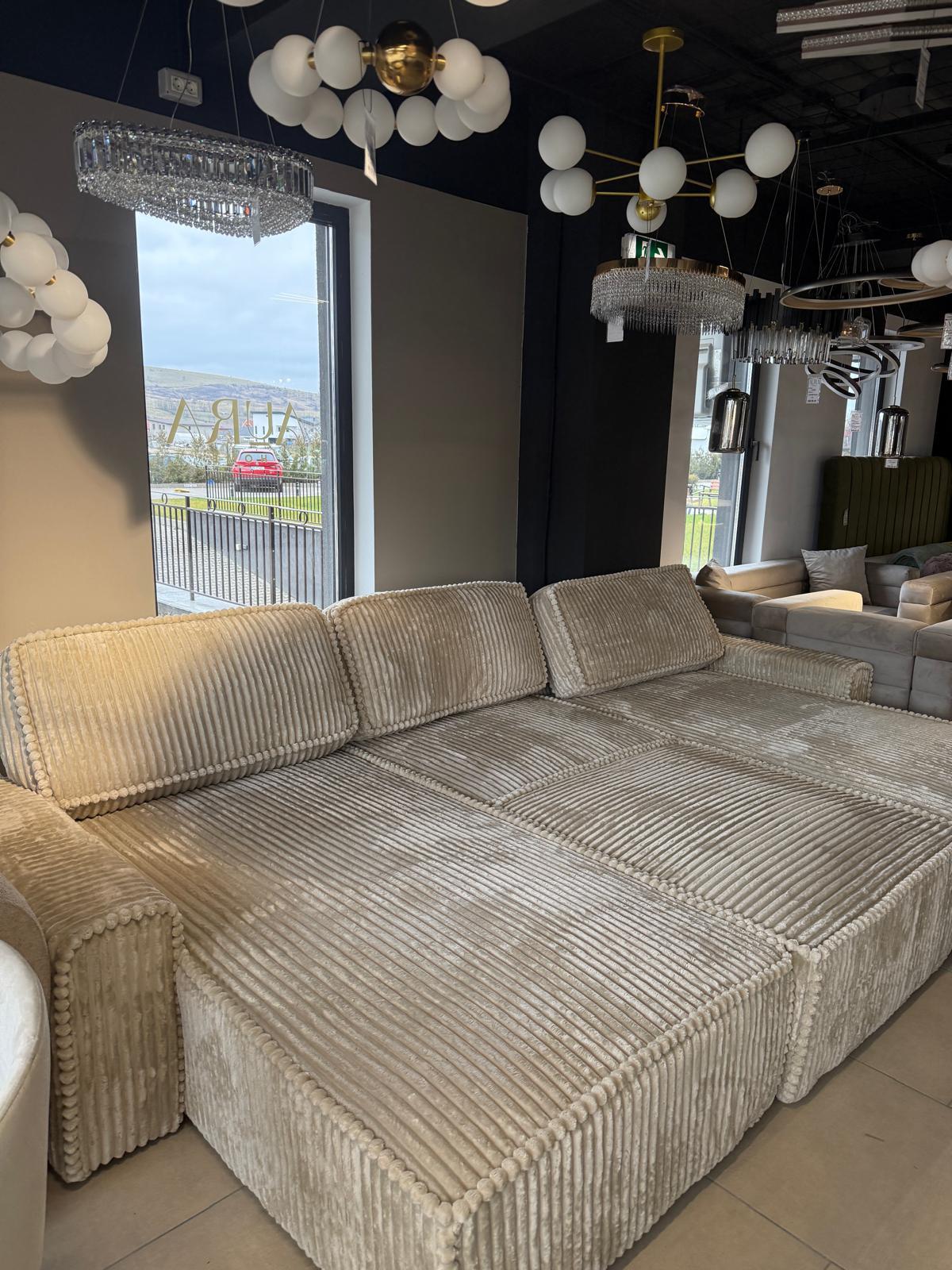 Canapea Modulară Riva, 353 x 193 x 96cm , Taburet Inclus, Configurare Modulară, Suprafață Mare de Dormit, Design Premium