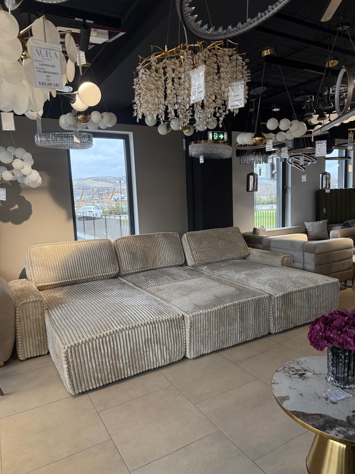 Canapea Modulară Riva, 353 x 193 x 96cm , Taburet Inclus, Configurare Modulară, Suprafață Mare de Dormit, Design Premium