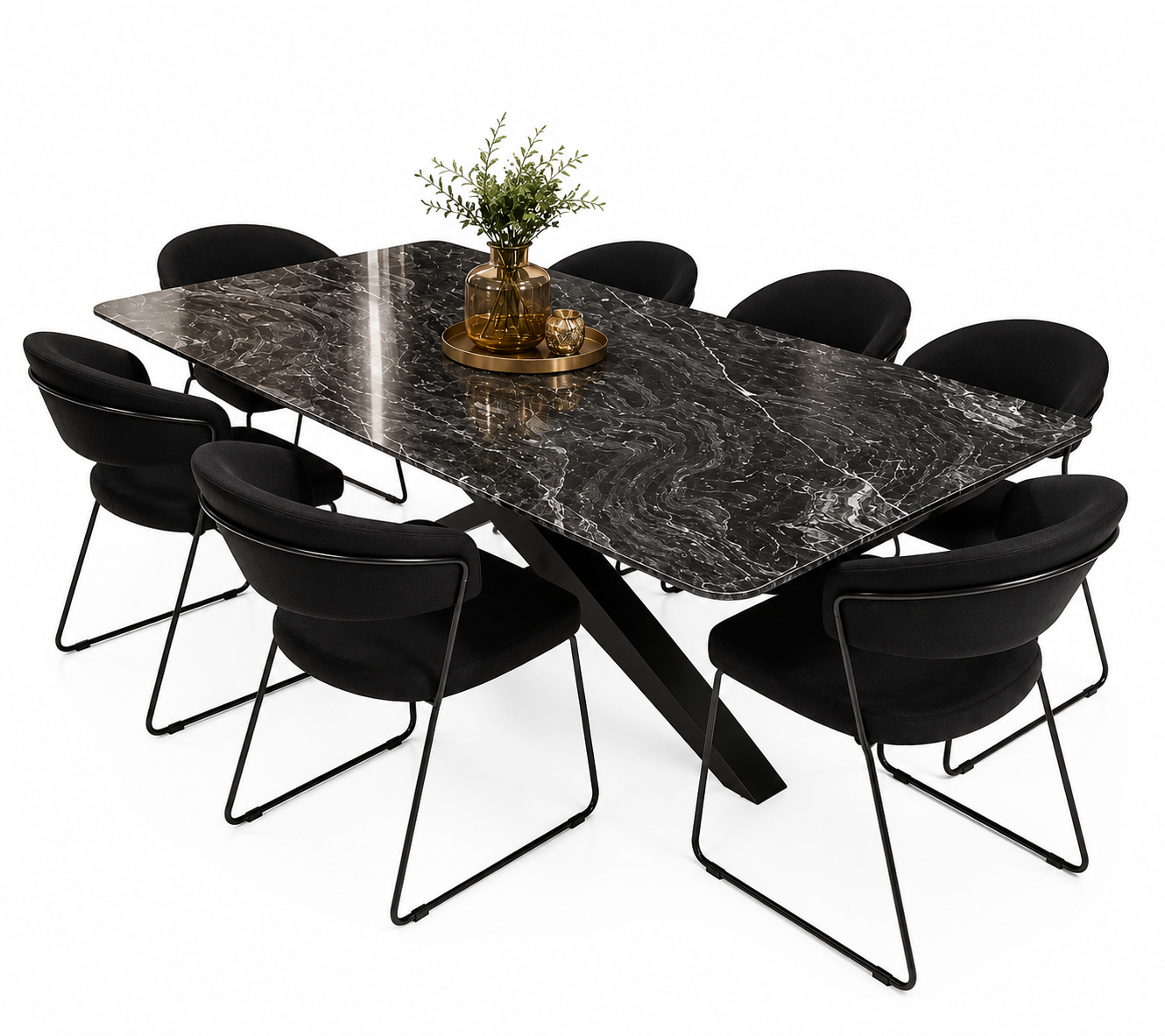 Set Masa Dining din Piatra Naturala si 6 Scaune Personalizate cu Picioare Negre, Black Marble 180x90x75cm