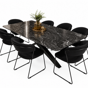 Set Masa Dining din Piatra Naturala si 6 Scaune Personalizate cu Picioare Negre, Black Marble 180x90x75cm