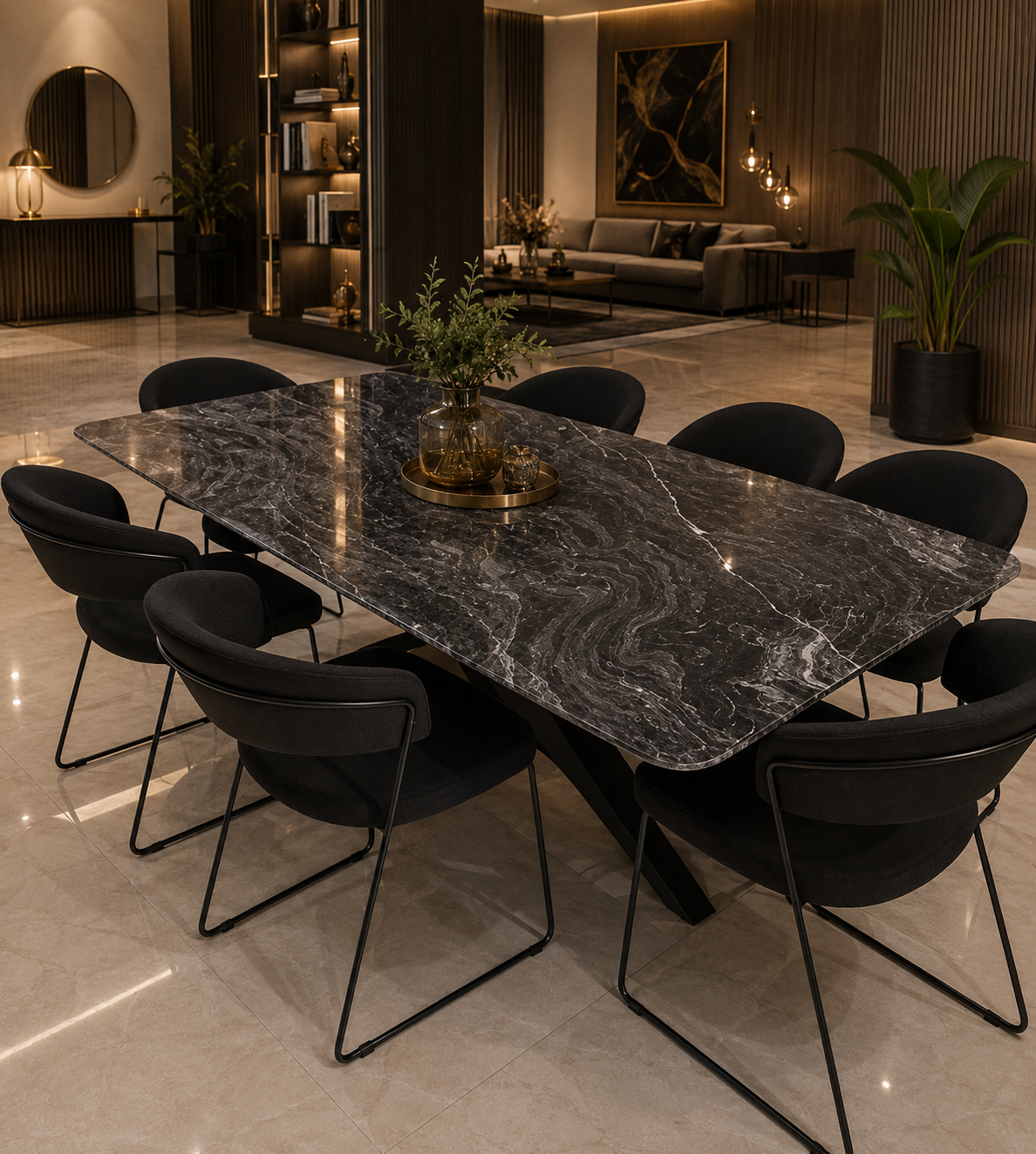 Set Masa Dining din Piatra Naturala si 6 Scaune Personalizate cu Picioare Negre, Black Marble 180x90x75cm