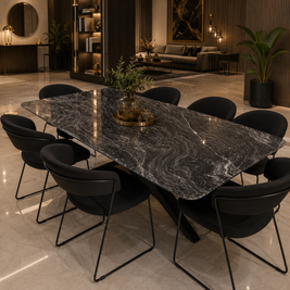 Set Masa Dining din Piatra Naturala si 6 Scaune Personalizate cu Picioare Negre, Black Marble 180x90x75cm