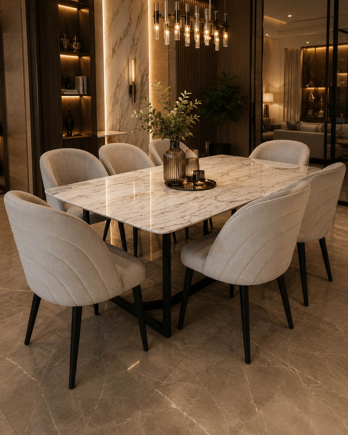 Set Masă Dining din Piatră Naturală Beige și 6 Scaune Catifea Premium – 180 x 90 x 75 cm