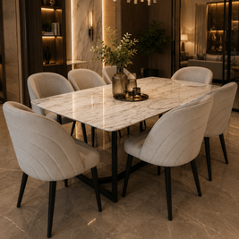 Set Masă Dining din Piatră Naturală Beige și 6 Scaune Catifea Premium – 180 x 90 x 75 cm