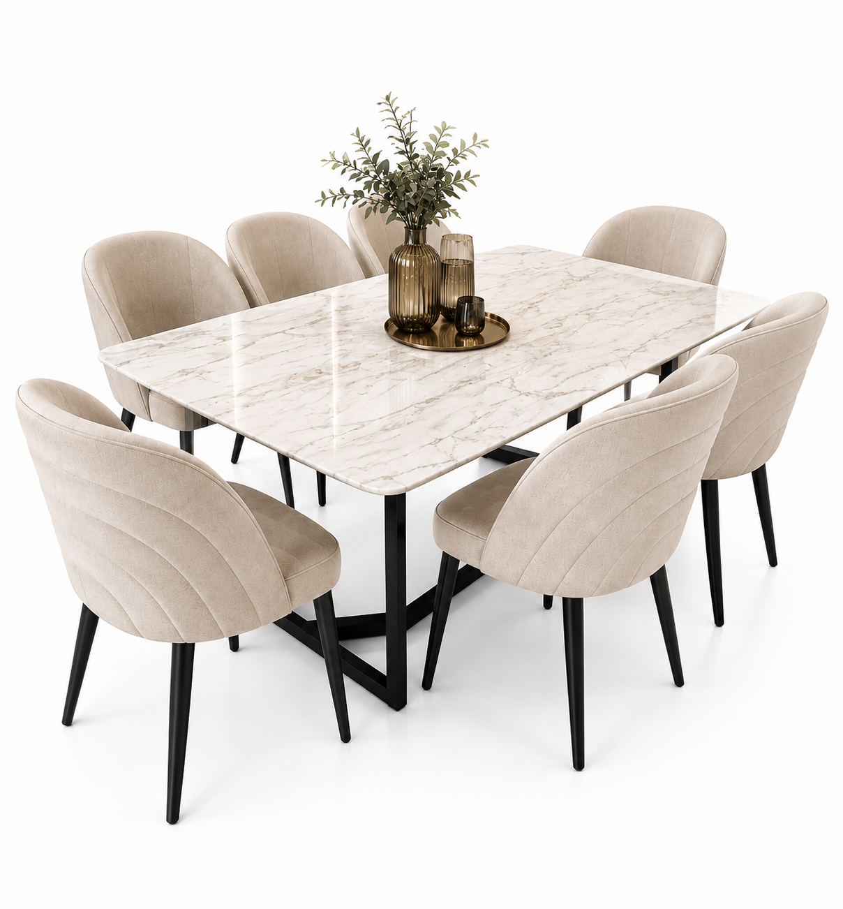 Set Masă Dining din Piatră Naturală Beige și 6 Scaune Catifea Premium – 180 x 90 x 75 cm