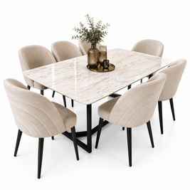 Set Masă Dining din Piatră Naturală Beige și 6 Scaune Catifea Premium – 180 x 90 x 75 cm