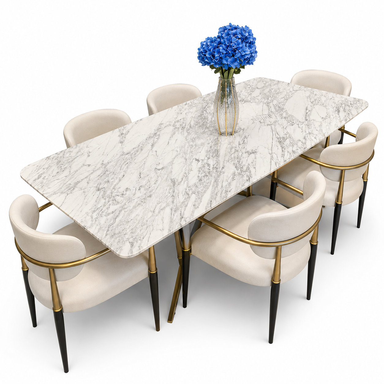 Set Masă Dining din Piatră Naturală White Marble și 6 Scaune Personalizate cu Detalii Aurii – Eleganță și Rafinament pentru Dining-ul Tău