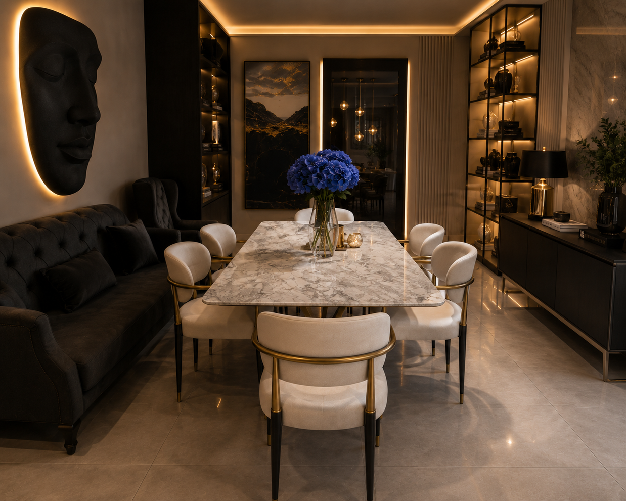 Set Masă Dining din Piatră Naturală White Marble și 6 Scaune Personalizate cu Detalii Aurii – Eleganță și Rafinament pentru Dining-ul Tău