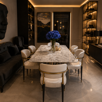 Set Masă Dining din Piatră Naturală White Marble și 6 Scaune Personalizate cu Detalii Aurii – Eleganță și Rafinament pentru Dining-ul Tău