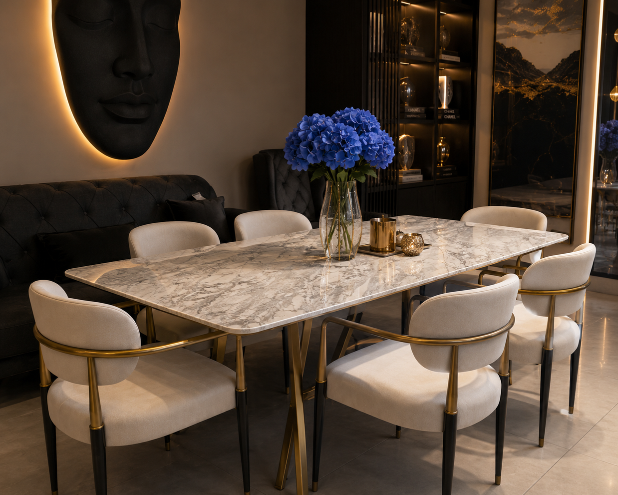 Set Masă Dining din Piatră Naturală White Marble și 6 Scaune Personalizate cu Detalii Aurii – Eleganță și Rafinament pentru Dining-ul Tău