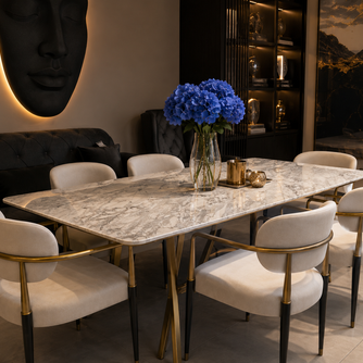 Set Masă Dining din Piatră Naturală White Marble și 6 Scaune Personalizate cu Detalii Aurii – Eleganță și Rafinament pentru Dining-ul Tău