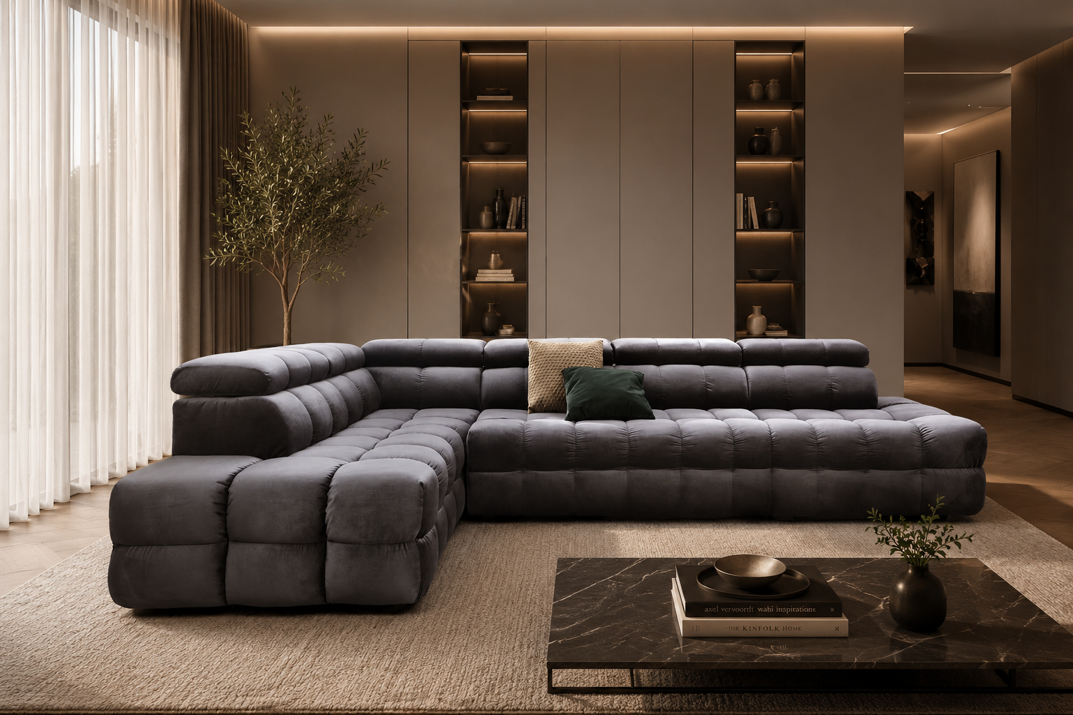 Colțar Extensibil Nora, 283 cm, Pat 206 x 142 cm, Ladă Depozitare, Tetiere Reglabile, Design Premium