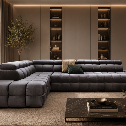Colțar Extensibil Nora, 283 cm, Pat 206 x 142 cm, Ladă Depozitare, Tetiere Reglabile, Design Premium