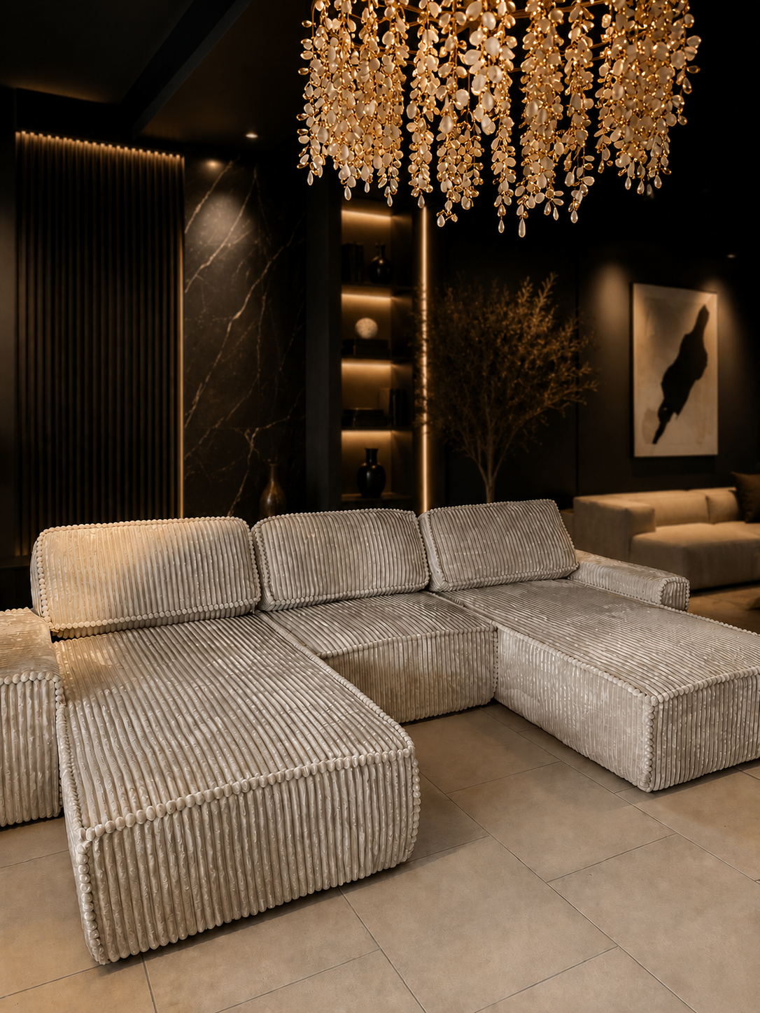 Canapea Modulară Riva, 353 x 193 x 96cm , Taburet Inclus, Configurare Modulară, Suprafață Mare de Dormit, Design Premium