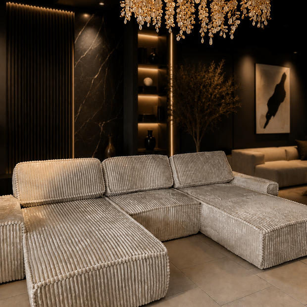 Colțar Modular Riva, 353 x 193 x 96cm , Taburet Inclus, Configurare Modulară, Suprafață Mare de Dormit, Design Premium