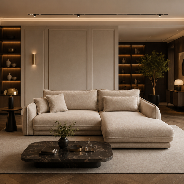 Colțar Extensibil Tulum, 267 cm, Funcție Pat 200 x 164 cm, Ladă de Depozitare, Design Boho Modern Premium