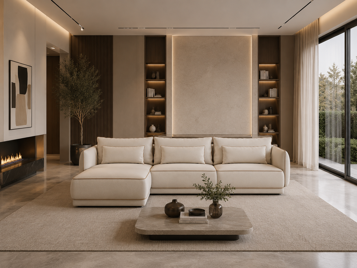 Colțar Modular Yvette, 290 cm, Perne cu Puf Natural, Spumă HR Premium, Design Contemporan Luxury