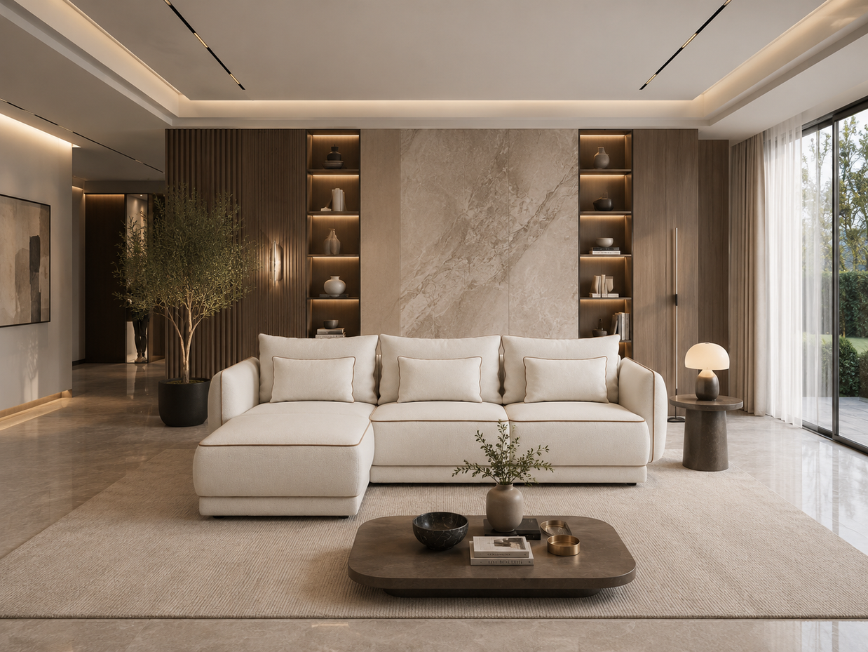 Colțar Modular Yvette Compact, 265 cm, Perne cu Puf Natural, Spumă HR Premium, Design Luxury Contemporan